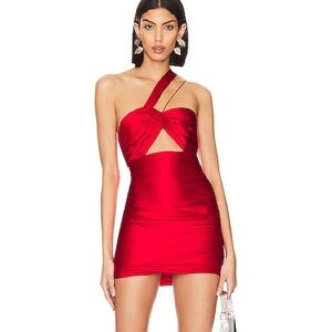 The Sei Asymmetrical Bandeau Mini Dress in Scarlet